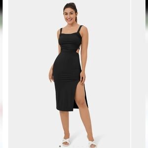 Ruched Backless Crisscross Lace Up Split Bodycon Midi Casual Dress
